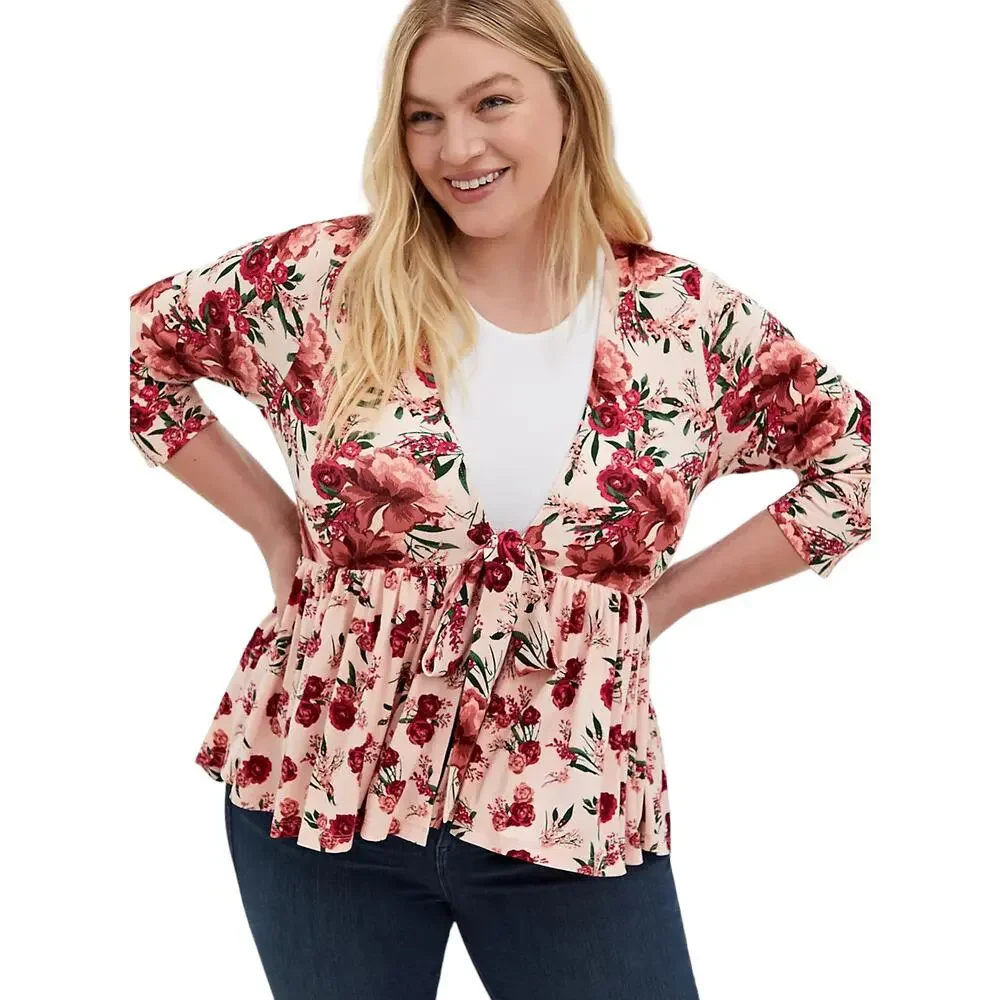 Torrid Pink Floral Knit Crepe Baby Doll 3/4 Sleeve Peplum Jacket Kimono Size 5X